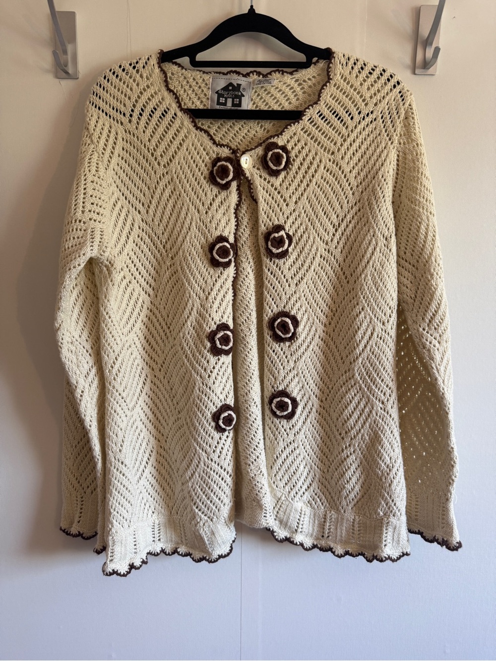 Storybook Knits Cottagecore Floral Crochet Cardigan Cream Brown M